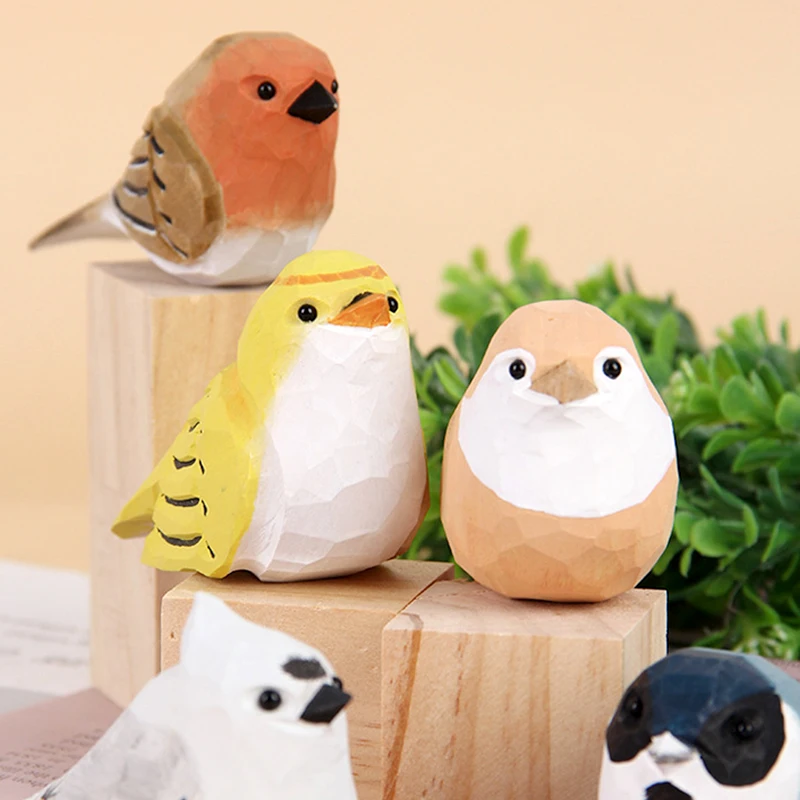 Nordic Wooden Bird Painting Statue Ornaments Decorative Carved Miniature Animals Sculpture Home Decoration Children Gifts