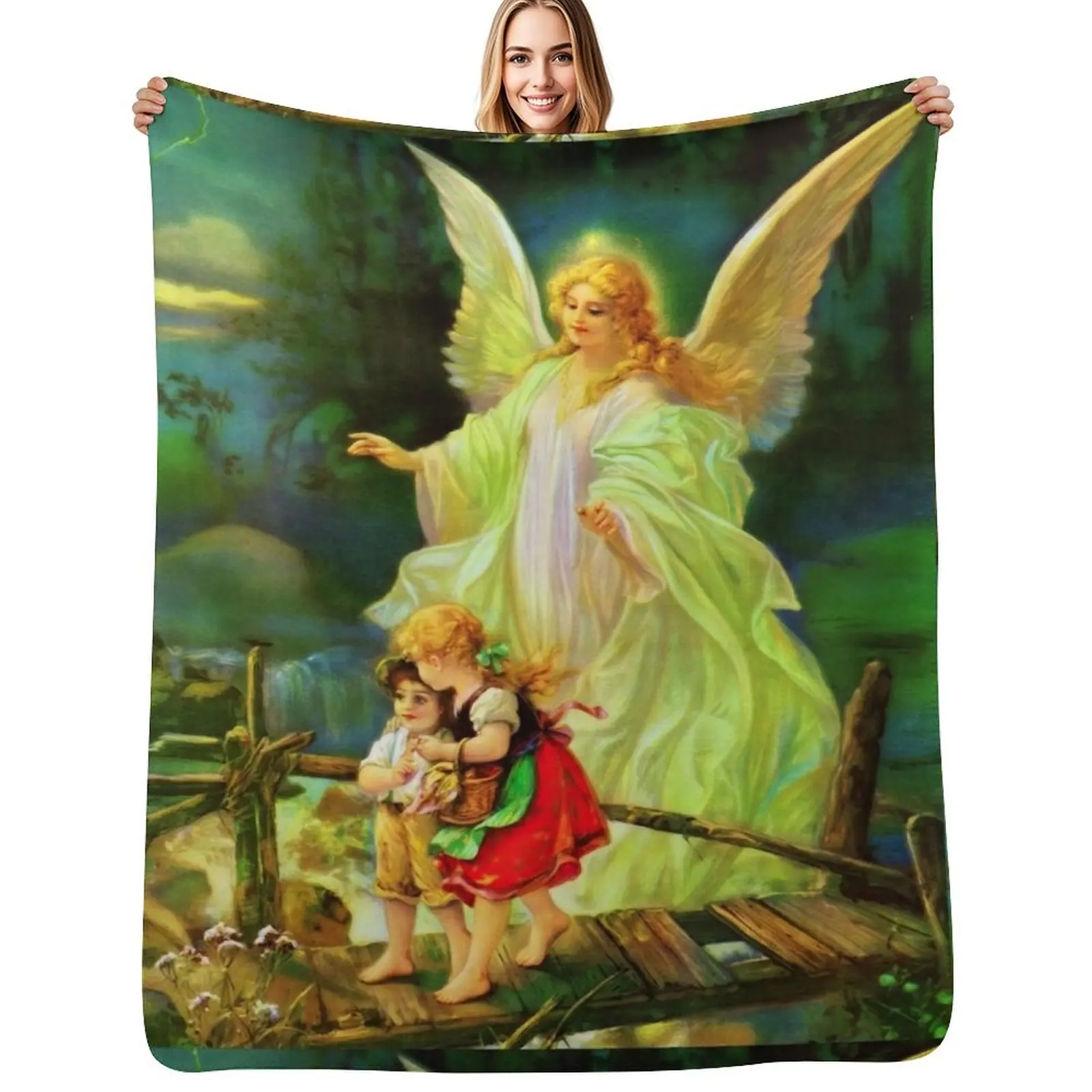 Guardian Angel and Children on the Bridge Vintage Catholic Throw Blanket Machine Washable Soft Warm Blanket