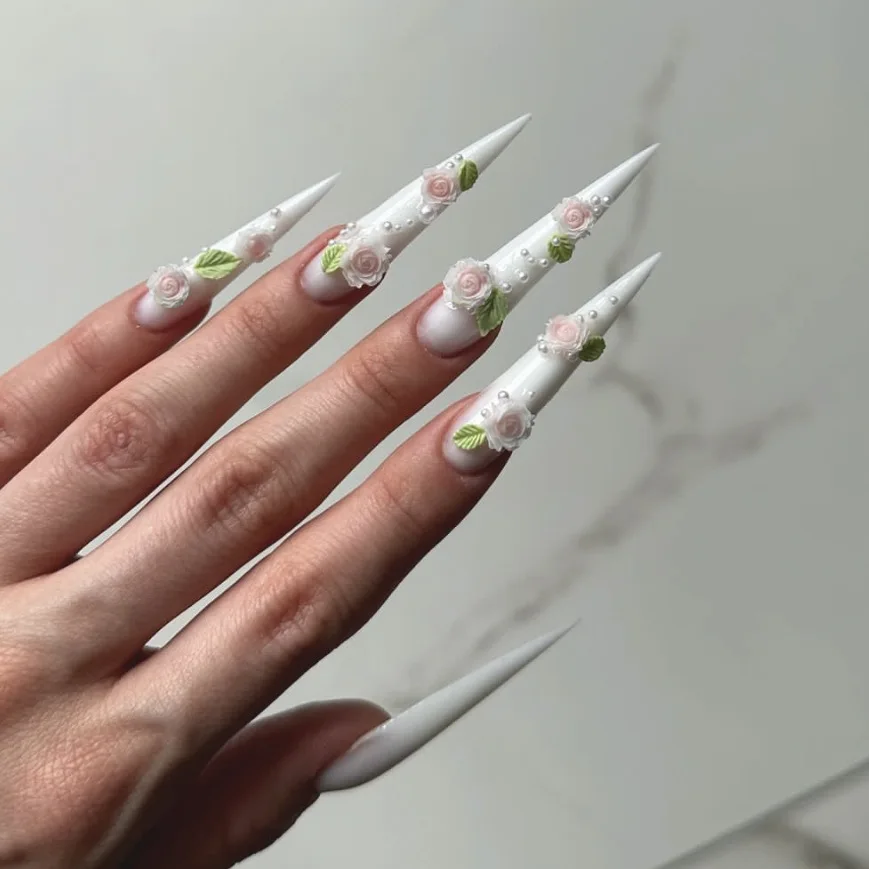 24 Stuks Stiletto Y 2K Verse Bloem Nep Nagels Pers Op Acyrlic Nagels Met 3d Rose Decoratie Super Lange Valse Nagel Bruiloft Nail Art