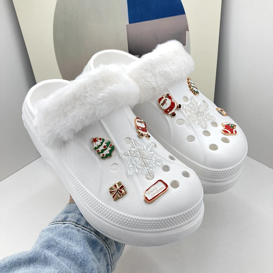 10pcs Christmas Vibe Snowflake Cute Decoration Charms And Fuzz Furry Heel Strap Suitable For Crocs Clogs Gift