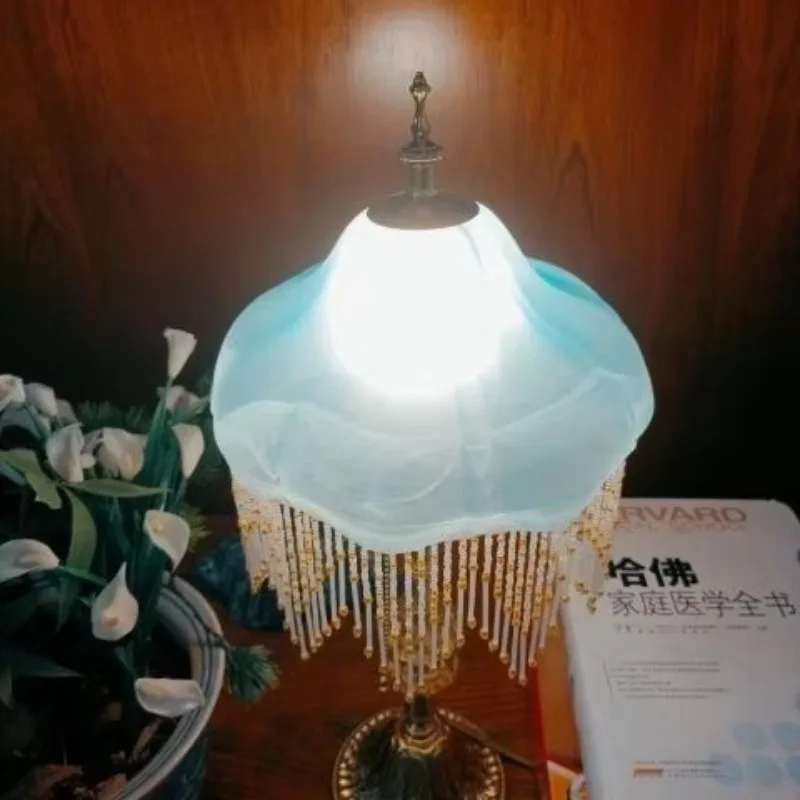 Pure Handcrafted Glass Lampshade Lamp - Crystal Tassel, Court Style, Ambient Light for Bedroom Bedside