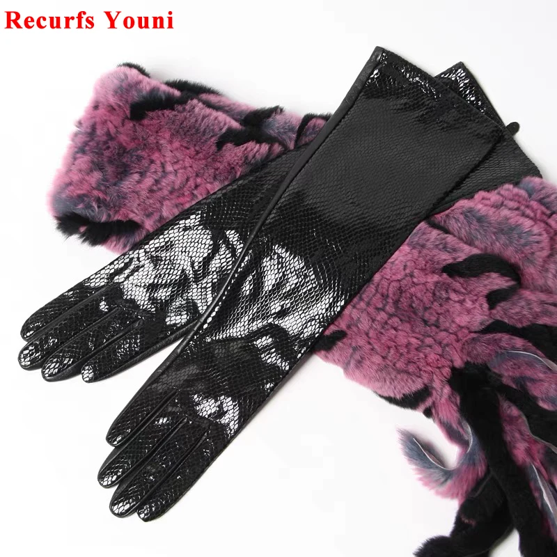 Novelty Honeycomb Shape Leather Long Gloves Women Goatskin Snake Pattern Warm Opera Mittens Mujer Stage Arm Cover Guantes Largos