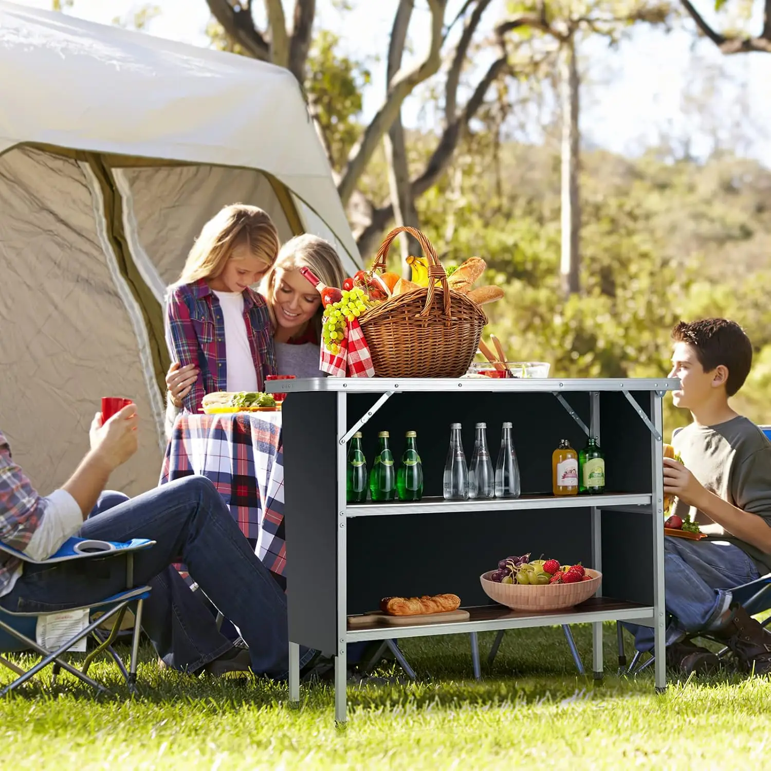 Folding Camping Table, Aluminum Portable Bar Table 43.5''L x 34.5''H, 2-Tier Open Storage Shelves, Removable Oxford Cloth,