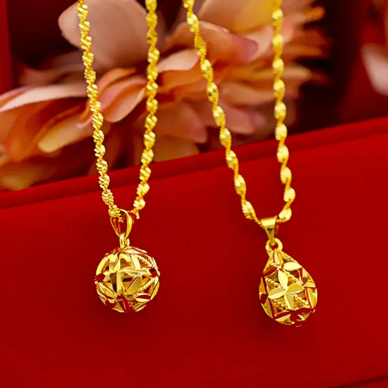 9999 Real Gold 24K Jewelry Water Drop Pendant Gold Ladies Necklace Hollow Flower Hydrangea Necklace