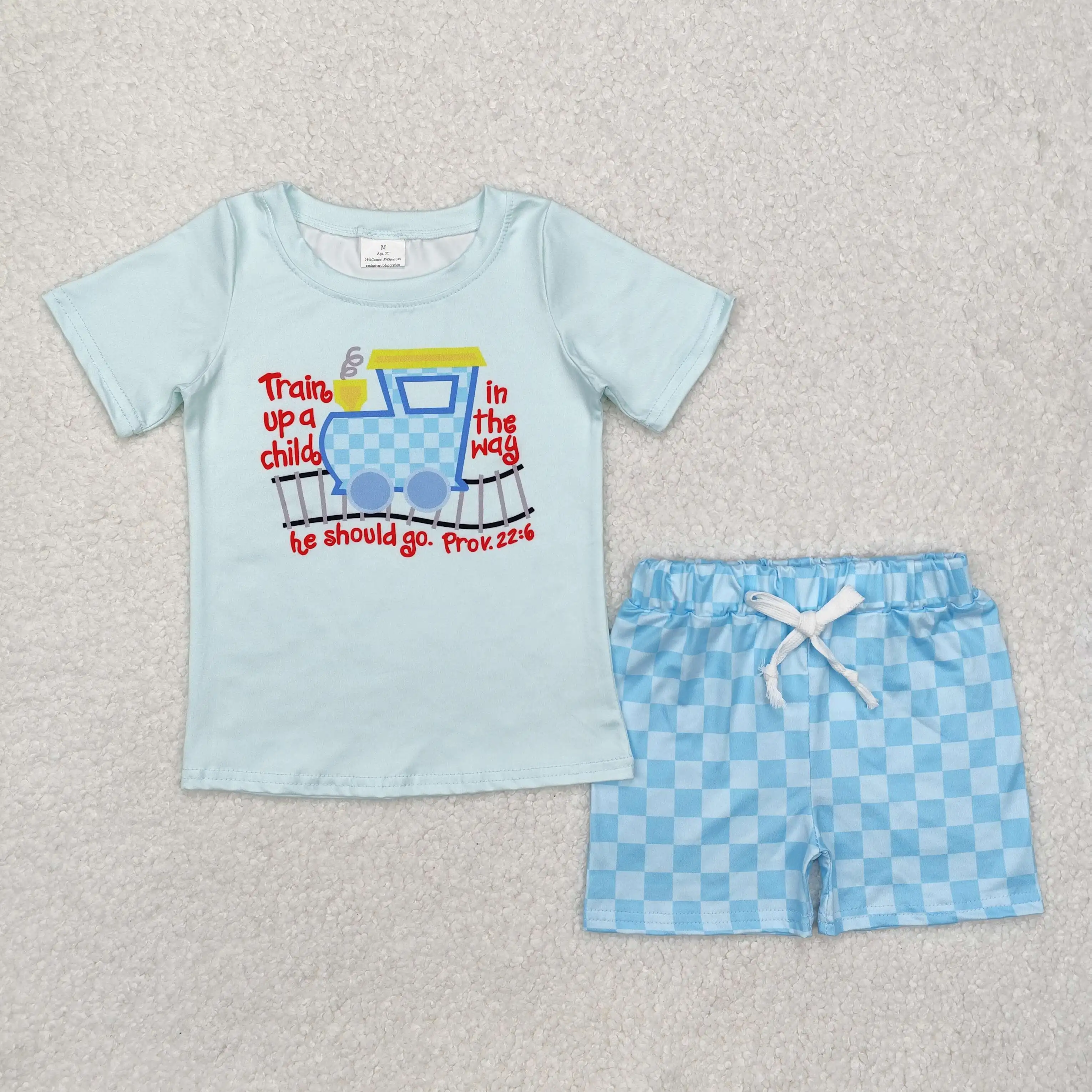 

new rts baby boys summer short sleeve shorts suit wholesale boutique store train blue short sleeve plaid shorts suit