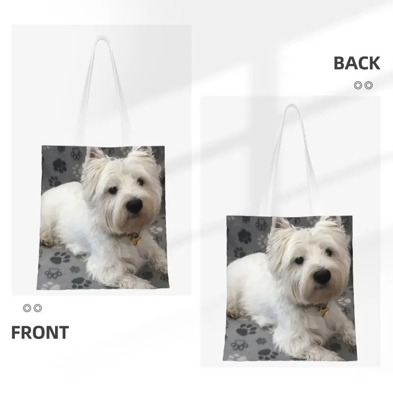 Westie Paw Print Pattern Shopping Bag Women Canvas Shoulder Tote Bag Washable West Highland White Terrier Groceries Shopper Bags