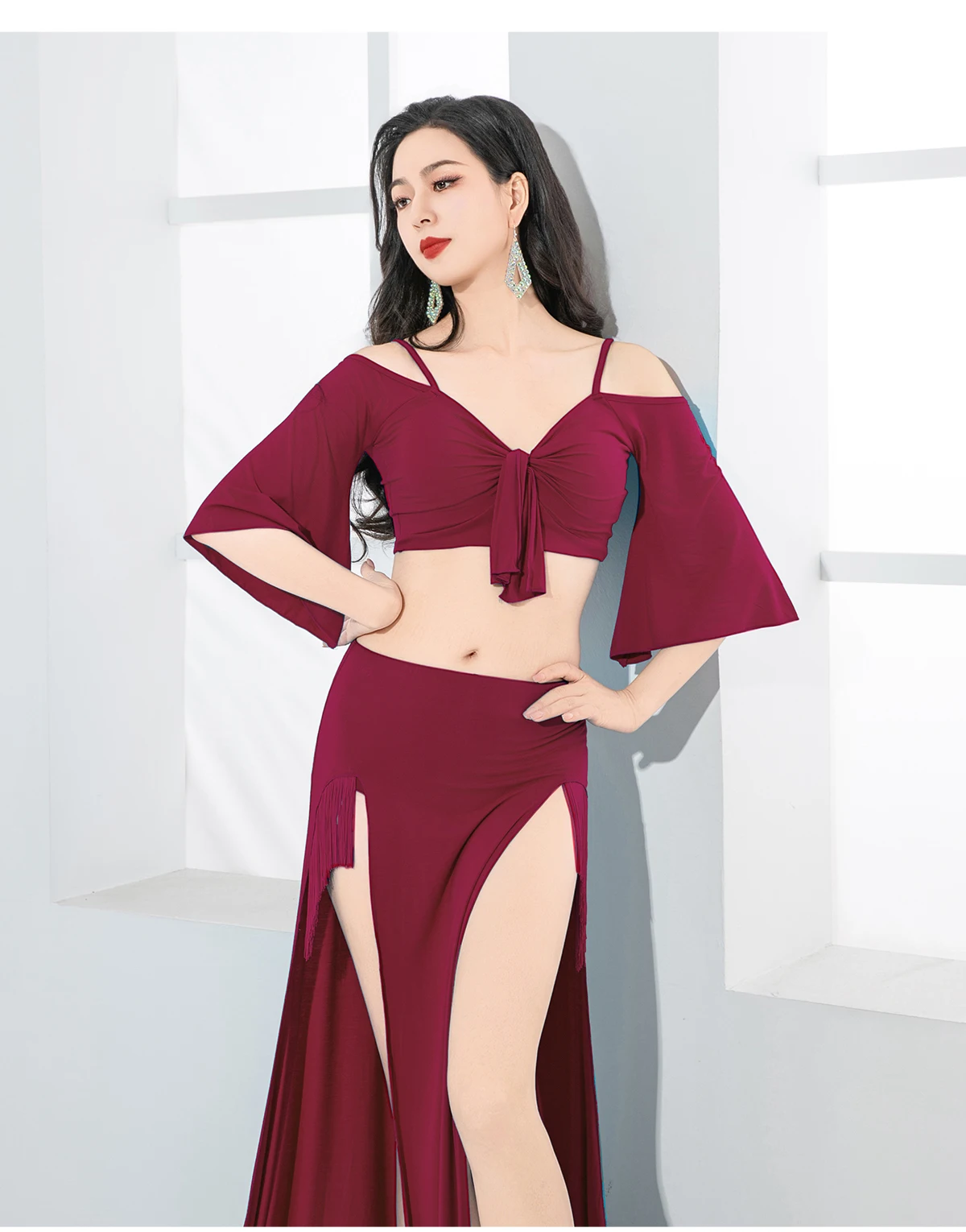 New Belly Dancing Practice Costumes Women's Sexy V-neck Top+Tassel Split Long Skirt Suit Oriental Dance Performance Clothing