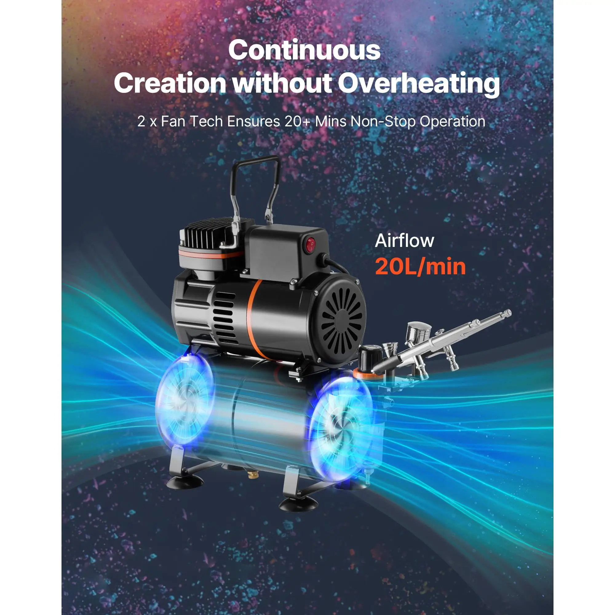 Airbrush Kit with 1 6 Compressor and Tank 3 Dual Airbrushes with 3 Tips Hose Acrylic Paint and 2 Fans for cake Decorating Model Painting and Nail Art