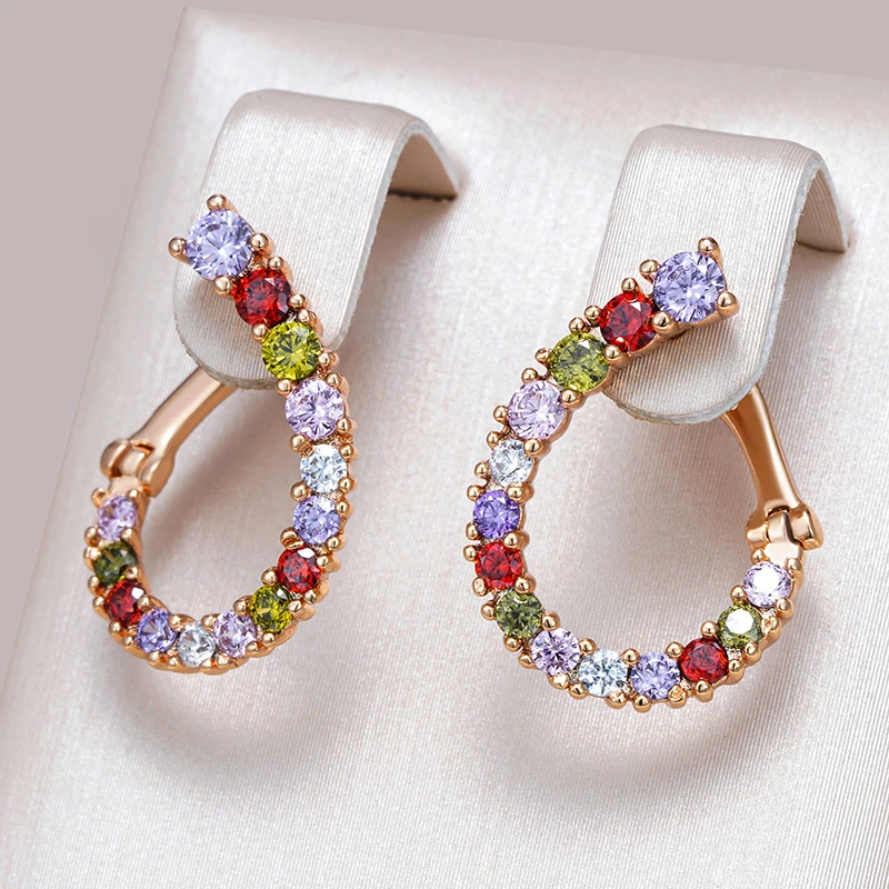 Kinel Unusual Full Colorful Natural Zircon Geometric Curve English Earrings for Women 585 Rose Gold Girl's Party Daily Jewelry