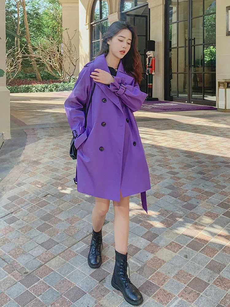 Purple Trench Coat For Women 2023 Autumn New Lapel Double Breasted Fashion Windbreaker Female Streetwear Clothes