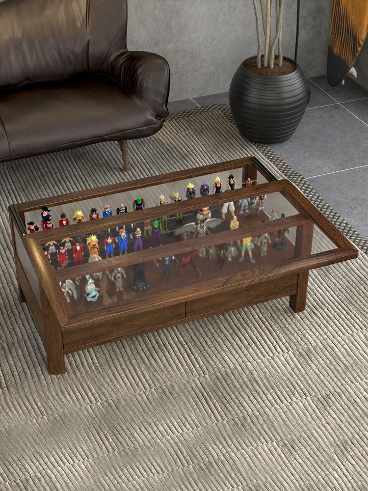 

Nordic solid wood coffee table glass multi-functional tea table display cabinet with lamp black walnut storage