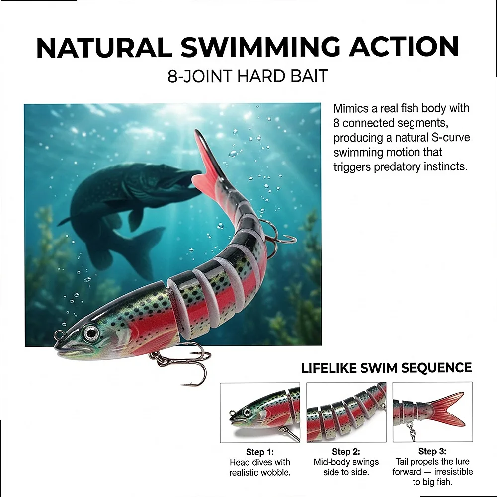 Multi-Section Swimbait 3/5/10 Pack 8-Segment Slow Sinking Lure Steel Rattle 3D Eyes for Musky Trout in Backwater