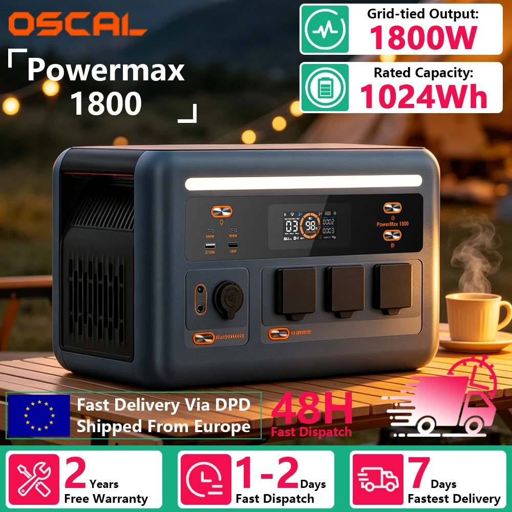 [Shipped From Within Europe]OSCAL Powermax 1800 Portable Power Station 1024Wh Capacity LiFePO4 Battery With 3500+ Cycles 1800W Rated Power 10 Output Ports Smart HD LCD Display LED Lighting