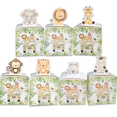 7Pcs Forest Animal Gift Boxes Carton Tiger/Lion/Monkey Candy Box For Kids Jungle Safari Birthday Party Candy Packagings Supplies