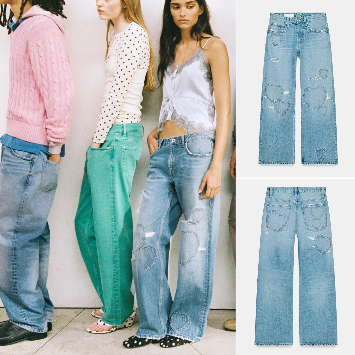 

Spring New Women's Long Boyfriend Style Denim Jeans Heart Patch Decorated Hole Design Straight Leg Polyester Fiber