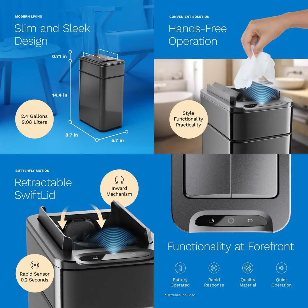 

Автоматическое мусорное ведро с датчиком, 2,4 галлона, выдвижная крышка, питание от батареи, легко чистится, компактная