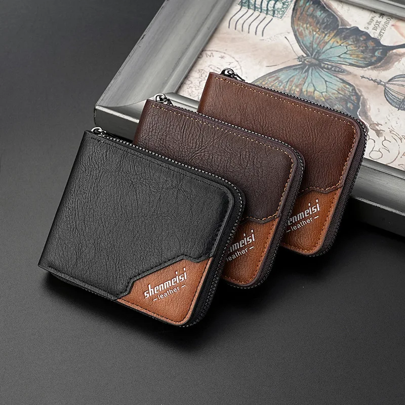 pu leather men's wallet fashion retro color collision splicing large capacity zipper anti lost wallet
