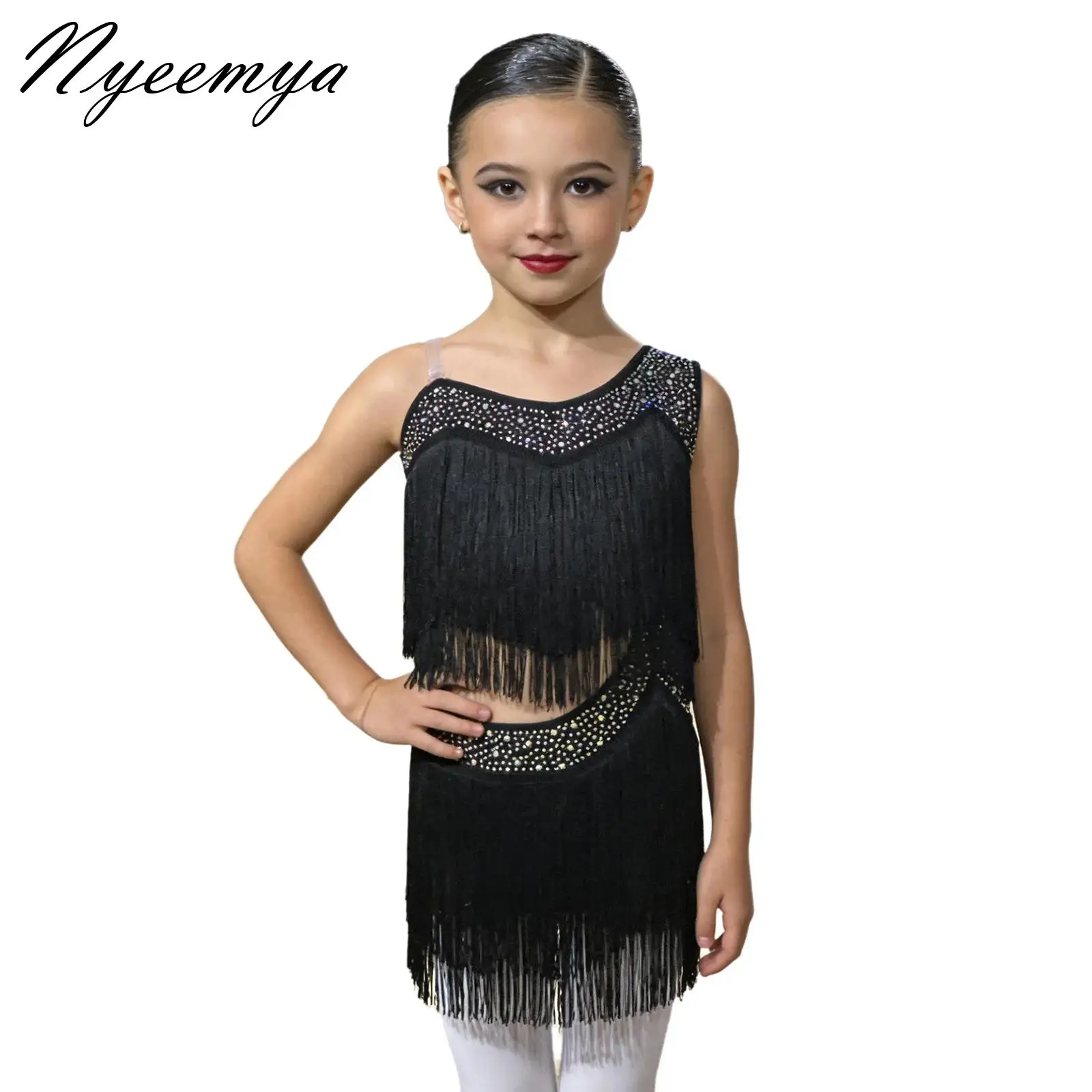 

Kids Latin Dance Competition Costume Asymmetrical Fringe Dress Girls Professional Salsa Bachata Ballroom Tango Performance Wear