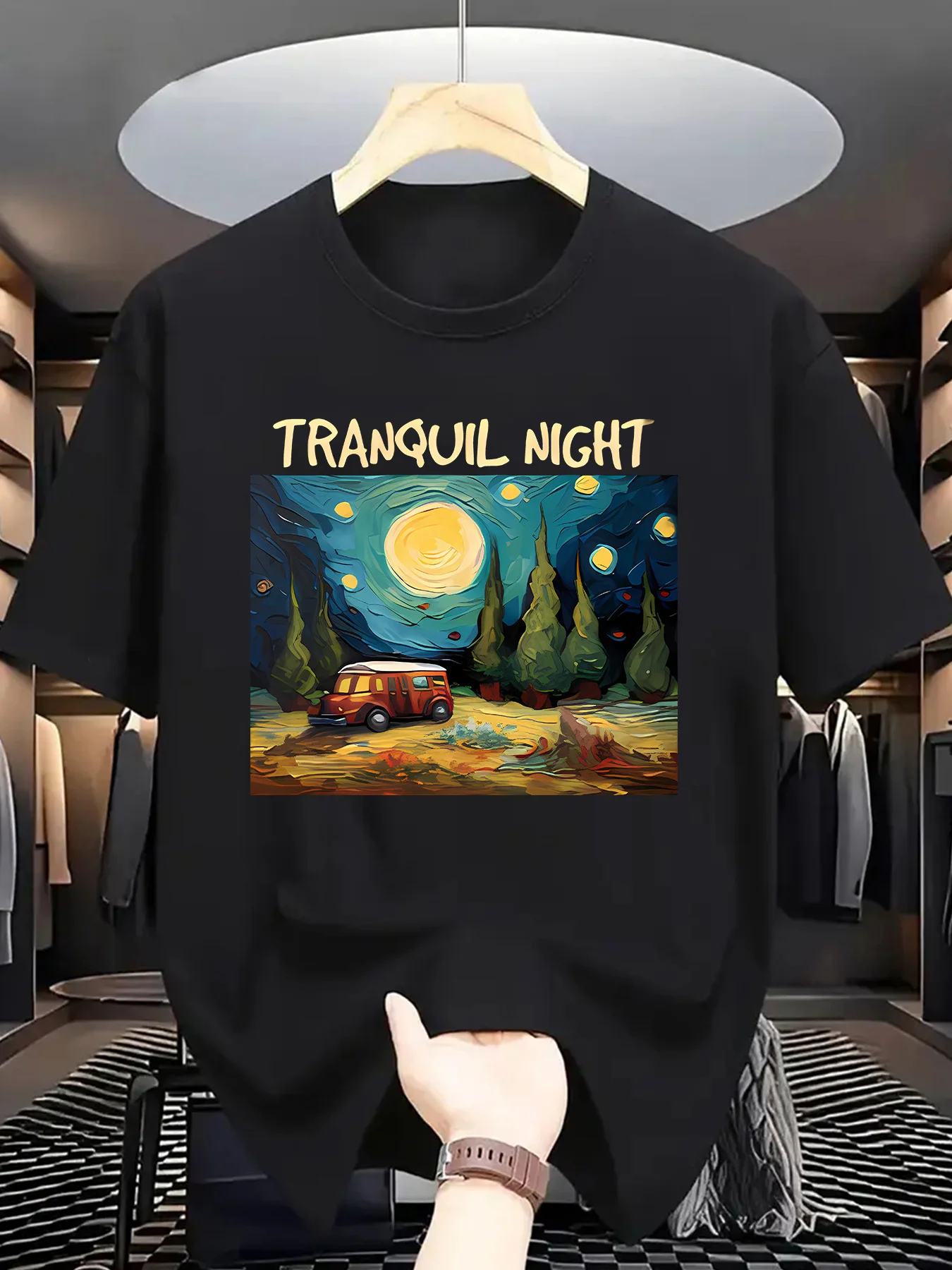 T-shirt à col rond pour homme Tranquil Night, motif peinture à l'huile Nuit étoilée, camping-car et forêt, manches courtes, décontracté, style urbain