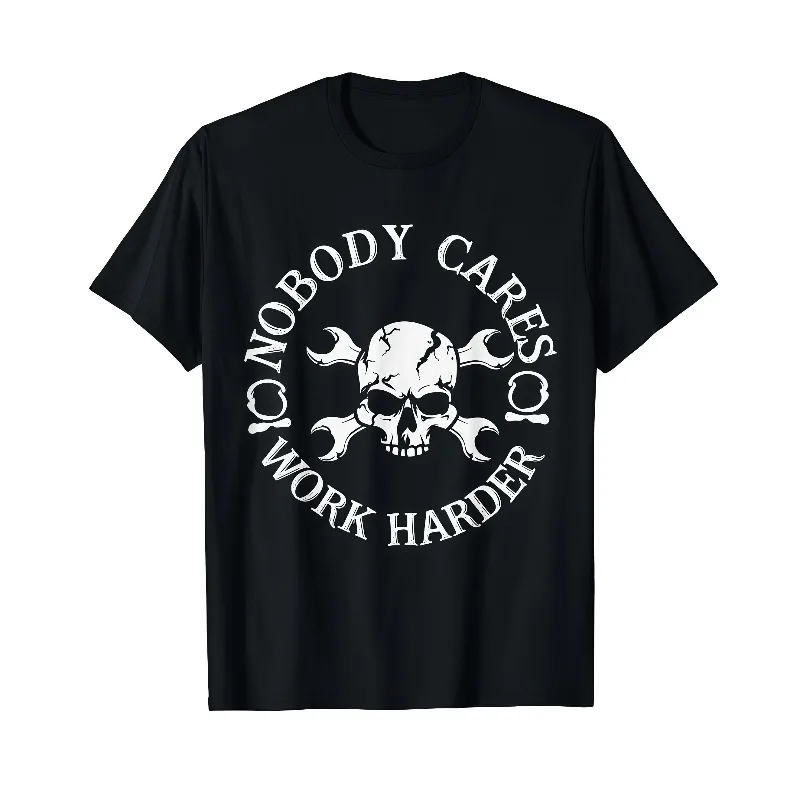 

Mens Skull Wrench T Shirt Nobody Cares Work Harder Punk Rock Graphic Tee Gym Workout Fitness Top Mechanic Gift for Him