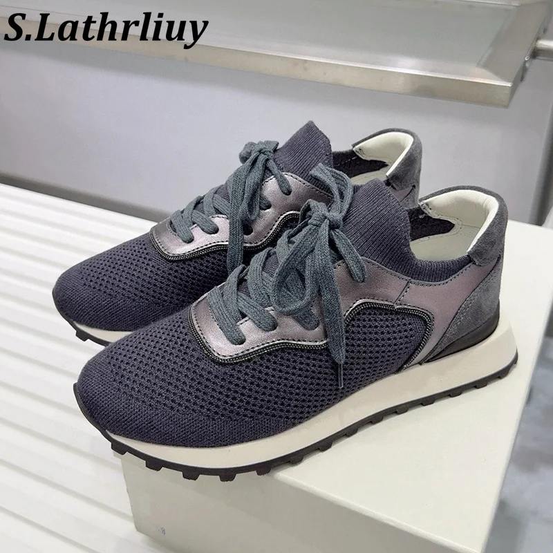 Casual Shoes Women Color Blocked Beaded Decorative Lace Up Flat Shoes Spring Autumn Breathable Round Toe Sneakers Running Shoes