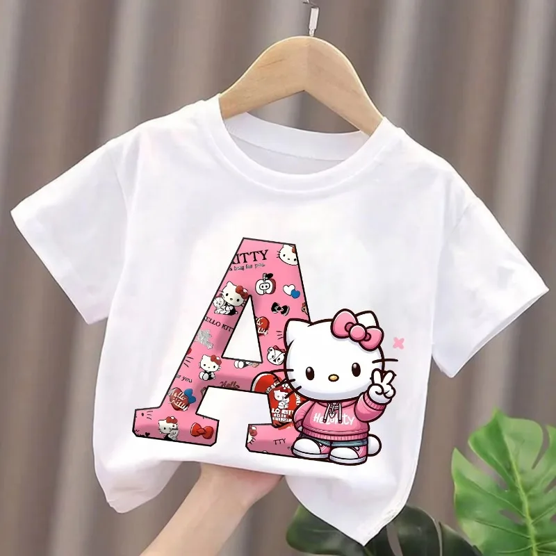 

Hello Kitty Letter T-shirt Children Cute Cartoon Clothes Fashion Round Neck Clothing White Short Sleeve Kids Summer Tee Top
