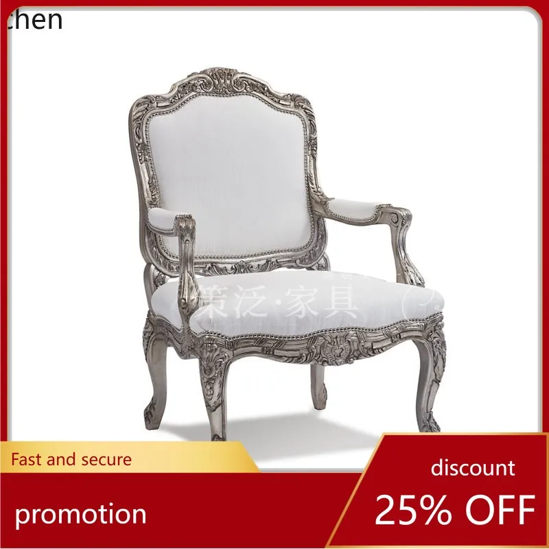 

CZ Carved Desk Chair Vintage Distressed Armchair French Style gold All Solid Wood Genuine Leather Single Sofa
