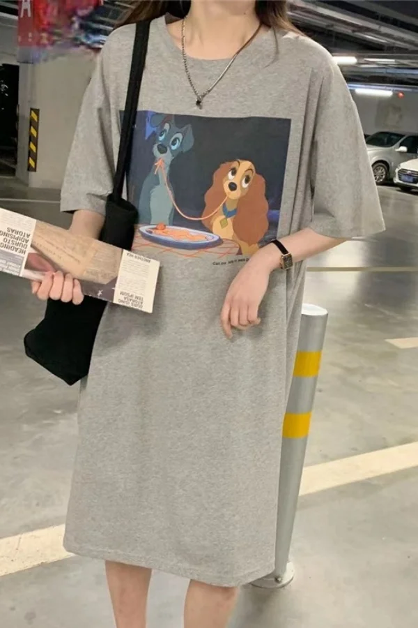 

Disney Cute Cartoon Fashion Print Women's T-Shirt Skirt Design Sense Short Sleeve Belly Cover Knee Loose Dress