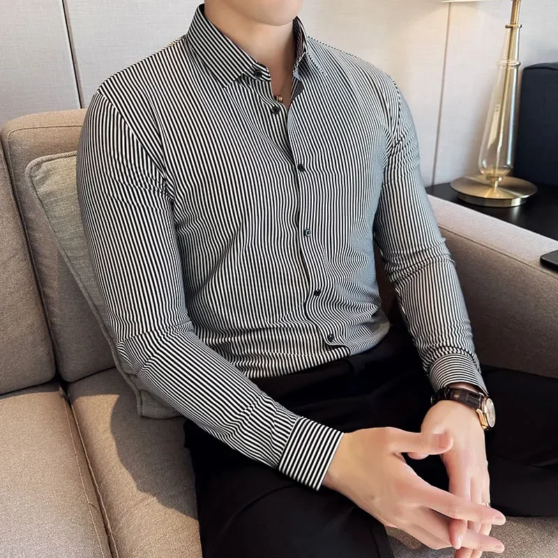 

High Elasticity Men Stripe Shirt 2025 Spring British Style Anti-wrinkle High-EndSoft Solid Casual Slim Fit Long Sleeved Shirt