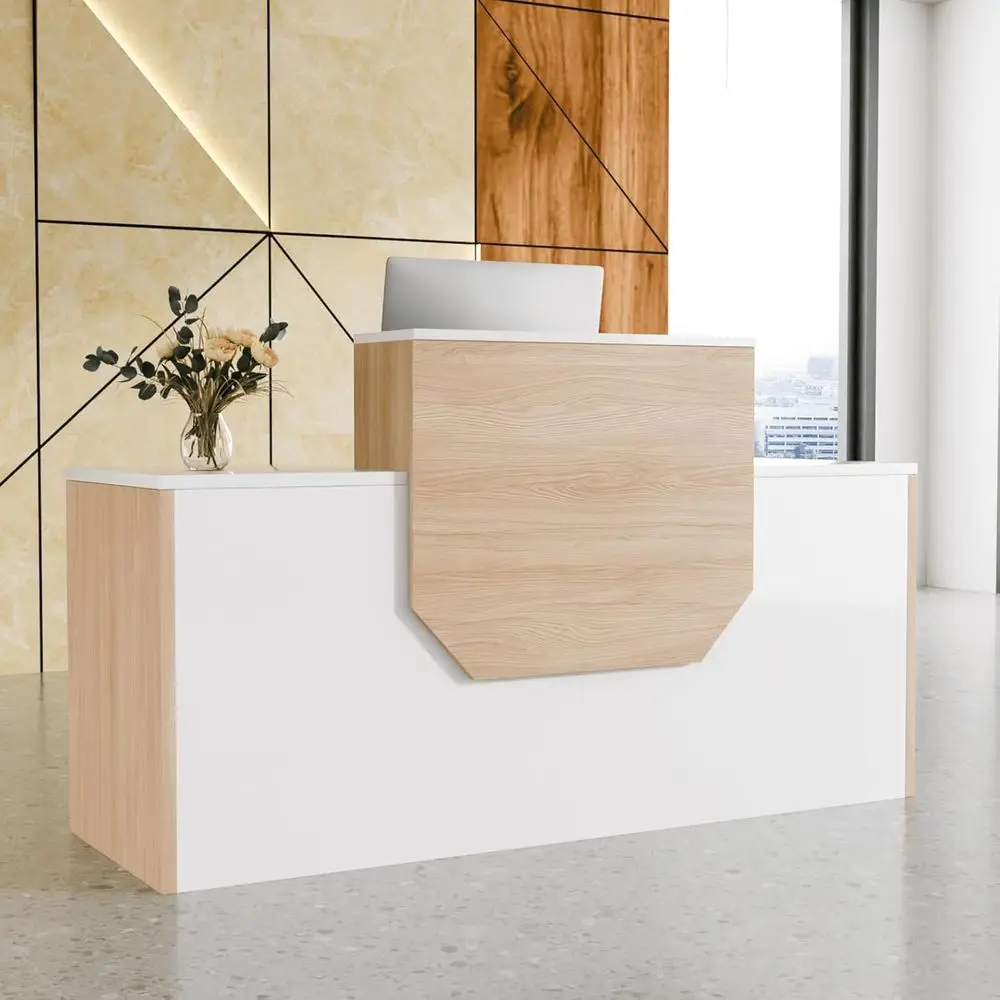 

63 Inch Modern Front Desk with Cabinet, Cable Management, Ample Work Area, Easy Assembly for Office or Hotel Lobby (White)