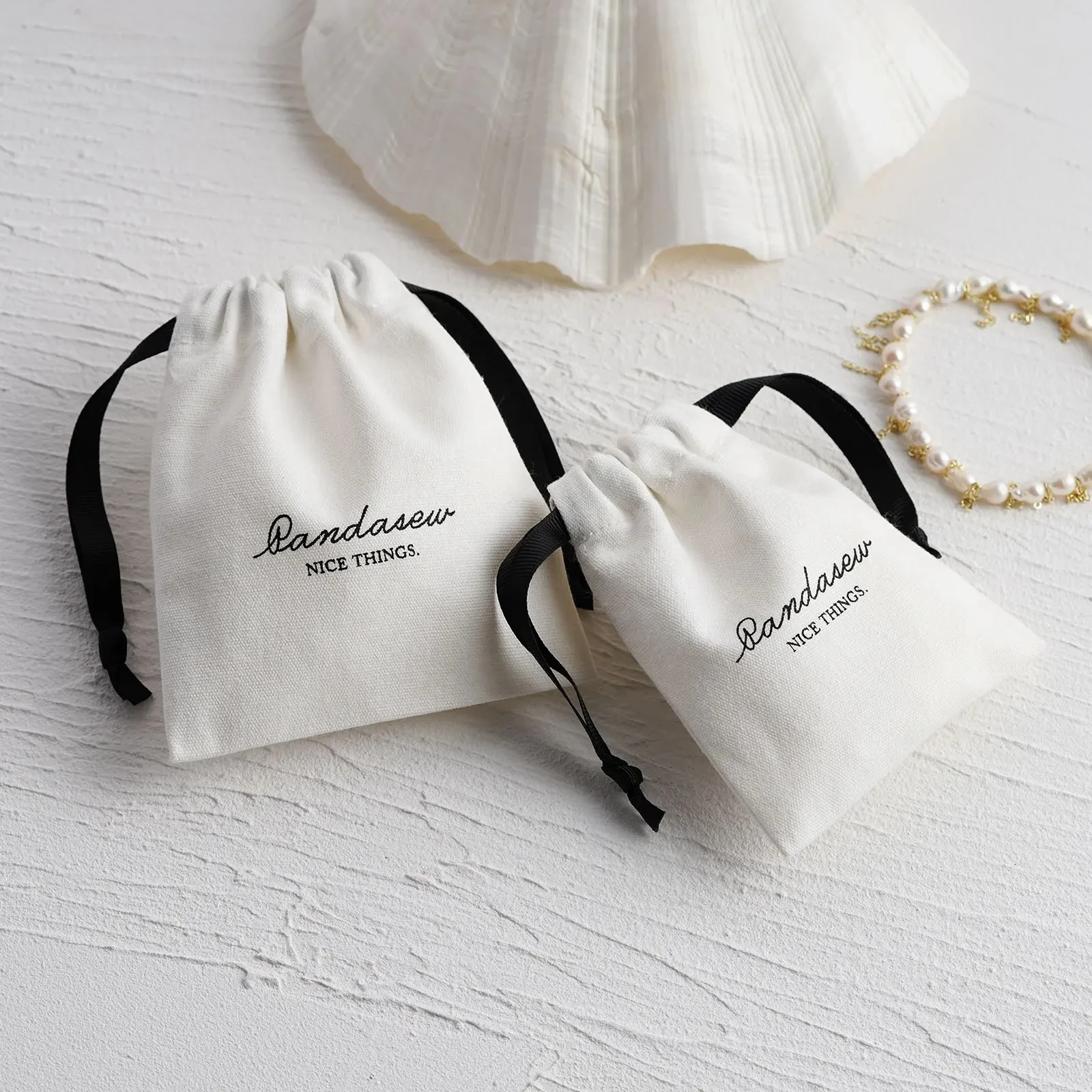100Pcs Custom Logo Natural White Cotton Bags Earring Necklace Rings Jewelry Packing Pouch Drawstring Sack Holiday Gift Organizer