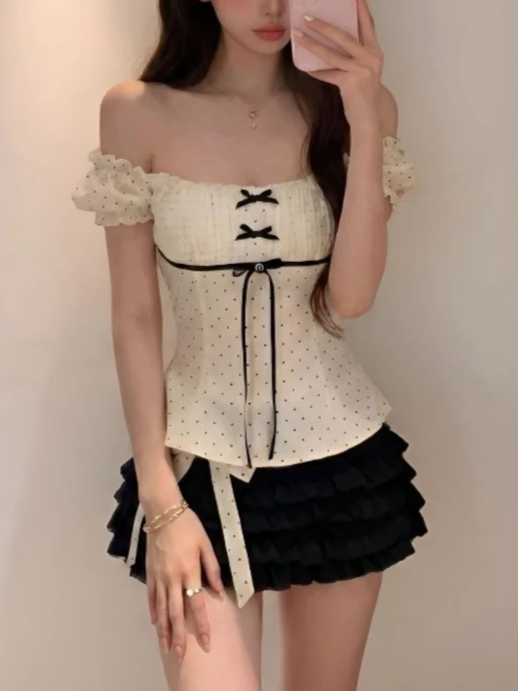 French Sweet Sexy Elegant 2 Piece Set Women Chic Polka Dot Slash Neck Tops + Mini Skirts Japanese Causal Vintage Lovely Outfits image 3