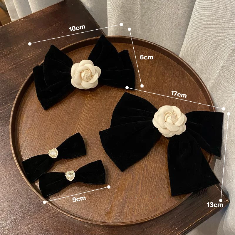 Pinza para el pelo con lazo grande de terciopelo negro Vintage para mujer y niña, Cinta Larga para boda, horquillas coreanas, pasador, accesorios