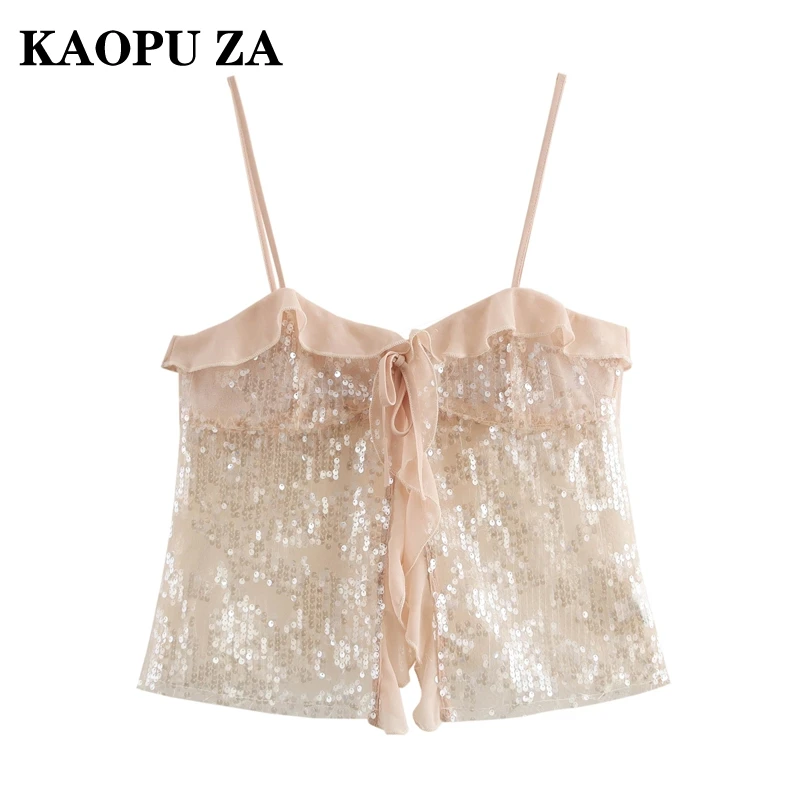 KAOPU ZA 2024 Autumn New Lady Sexy Sleeveless Jumper Vest Party Woman Solid Color Shoulder Gilet Slim Lace Halter Top Waistcoat