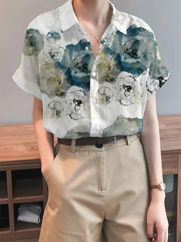 Women\'s Shirt Blouse Vintage Ink Painting Pattern Printed Button Short Sleeve Shirt,Fashion Shirt Collar Fit 2024 Spring Top