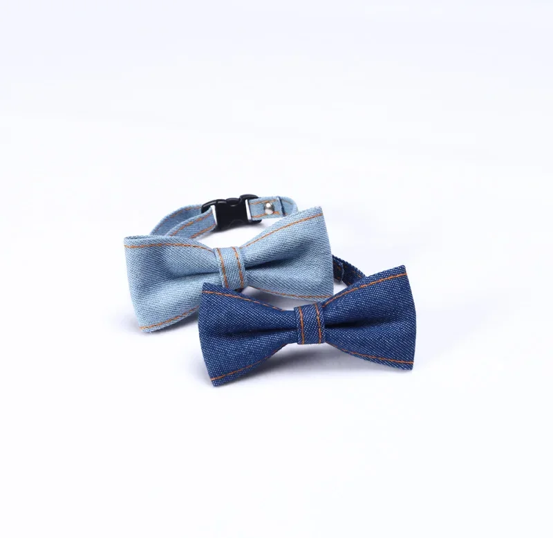 Pet Denim Bow Tie Collar for Dressing Up Cats Dog Adjustable Necktie Collar Rabbit for Taking Photo Cute Accessory for Going Out