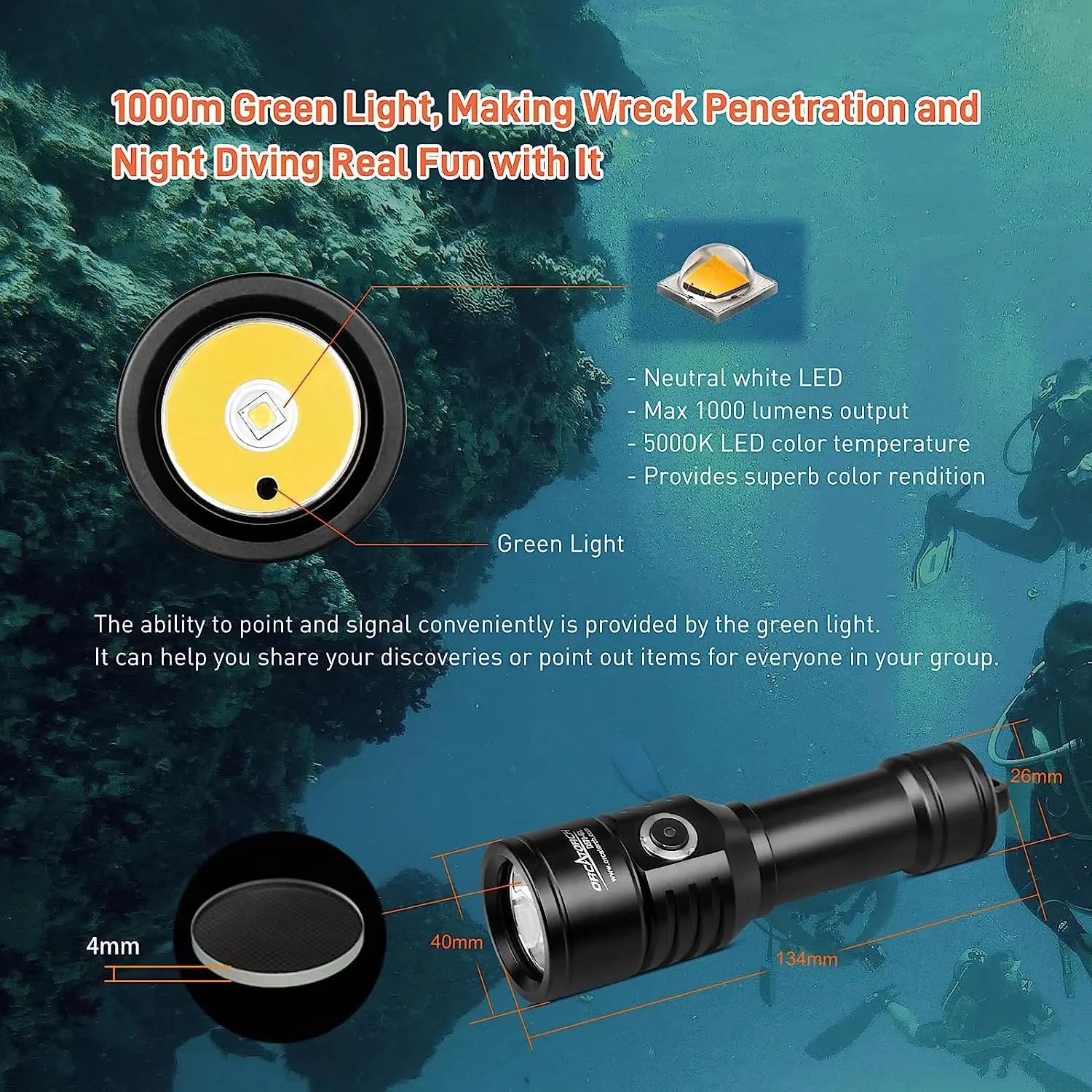 ORCATORCH D570-GL High Power Scuba Diving Flashlight Underwater Lantern Green Laser LED Lamp IPX8 Waterproof Diving Torch Light