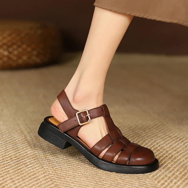 2023 Women Sandals Retro Genuine Leather Luxury Roman Sandals Casual Buckle Strap Summer Shoes GLADIATOR Thick Heel Women Shoes