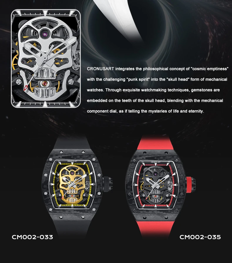 CRONUSART Men Automatic Watch Tonneau Carbon Fibre Case Mechanical Wristwatch Luminous Fluororubber Strap Skeleton Skull Dial