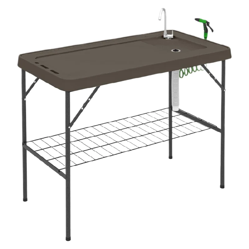 

Picnic Beach Patio Folding Fish Cleaning Table Sprayer Grid Rack Knife Outdoor Filleting