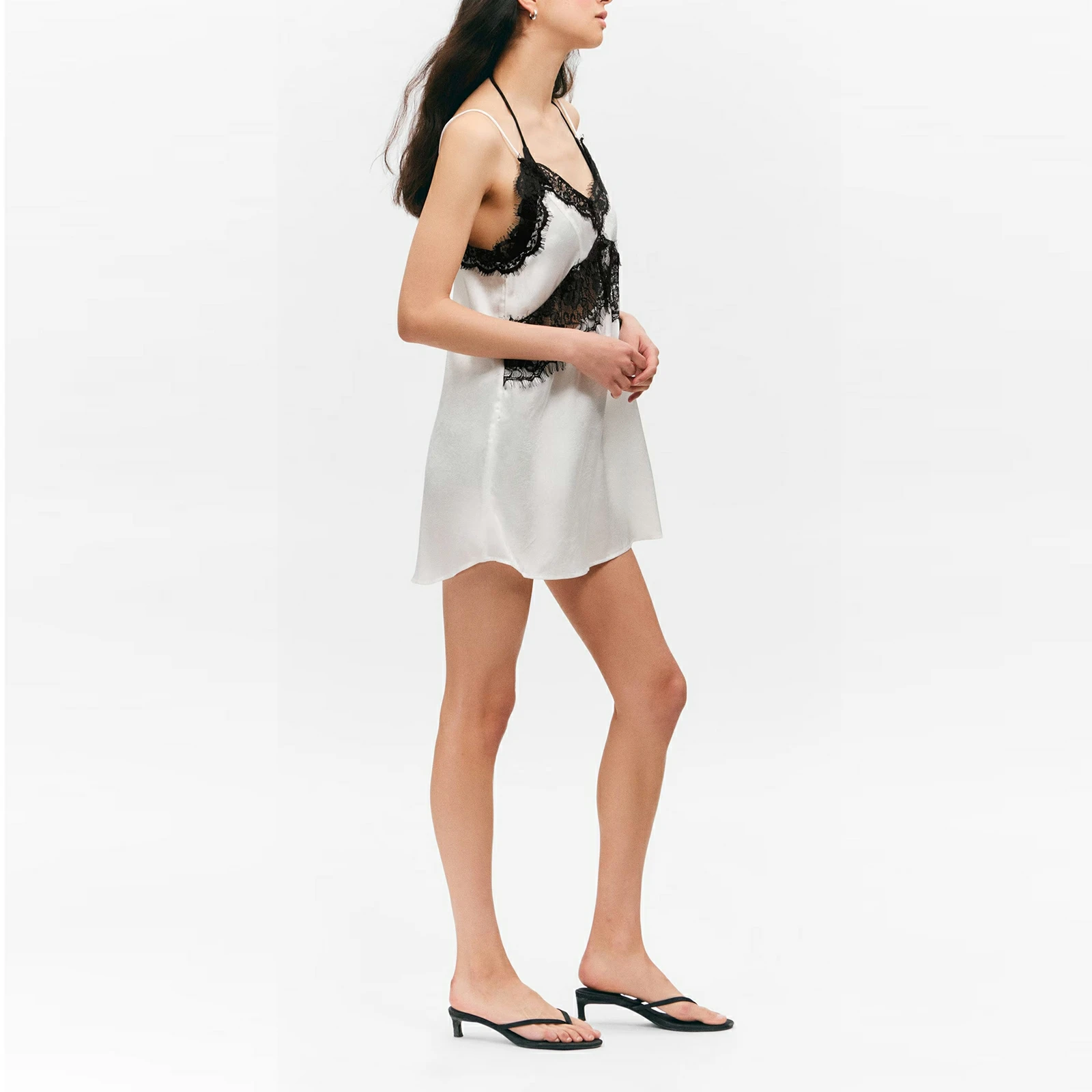 Mini vestido camisola sin espalda con retazos de encaje floral transparente para mujer, sin mangas, corte holgado, ropa de descanso de verano, camisón deslizante