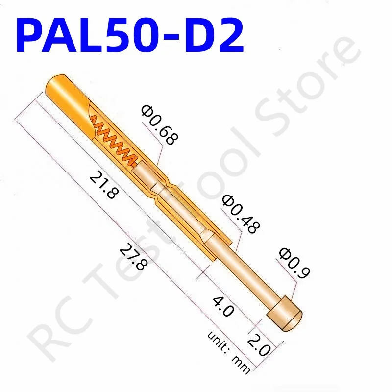 

100PCS PAL50-D2 Spring Test Probe PAL50-D Test Pin Test Tool 27.8mm Dia0.68mm Gold Needle Tip Dia 0.90mm Pogo Pin PL50-D PL50-D2