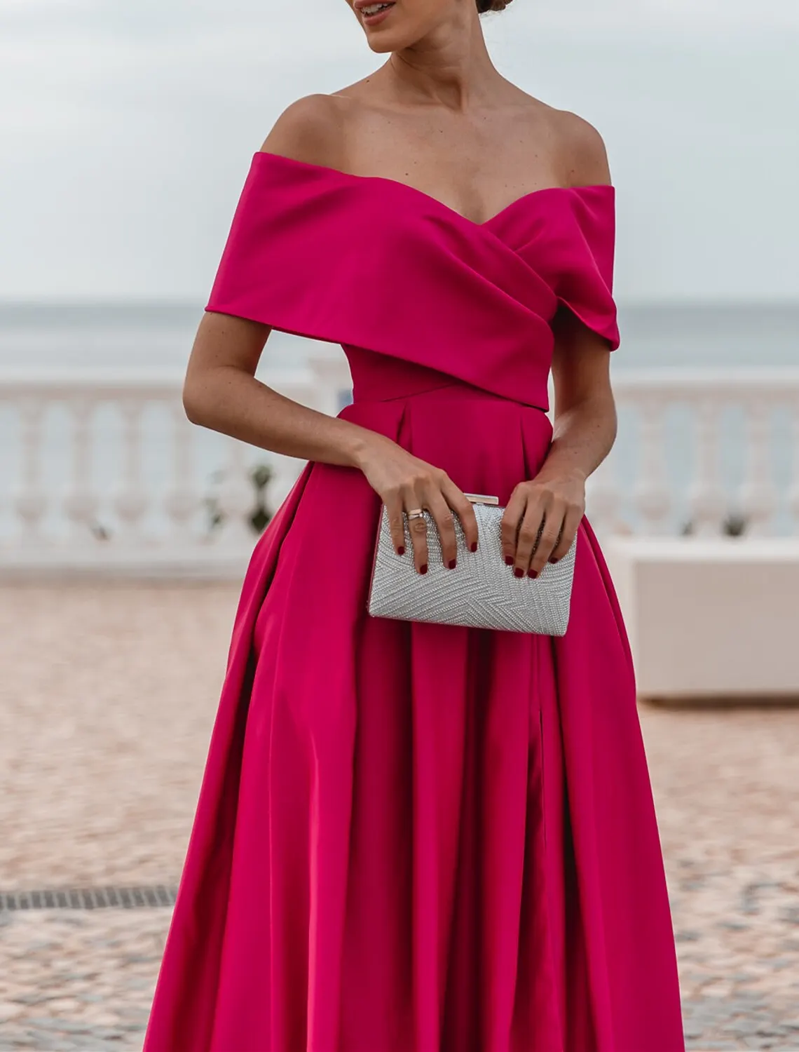 Satin Off the Shoulder Evening Dresses Fuchsia Sweetheart A-line High Split Backless Prom Dress Elegant Formal Women Party Dress