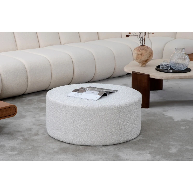 Round Coffee Table, Boucle Upholstered End Table, Functions as Side Table, Ottoman, and Seat for Living Room, Bedroom, Entryway,
