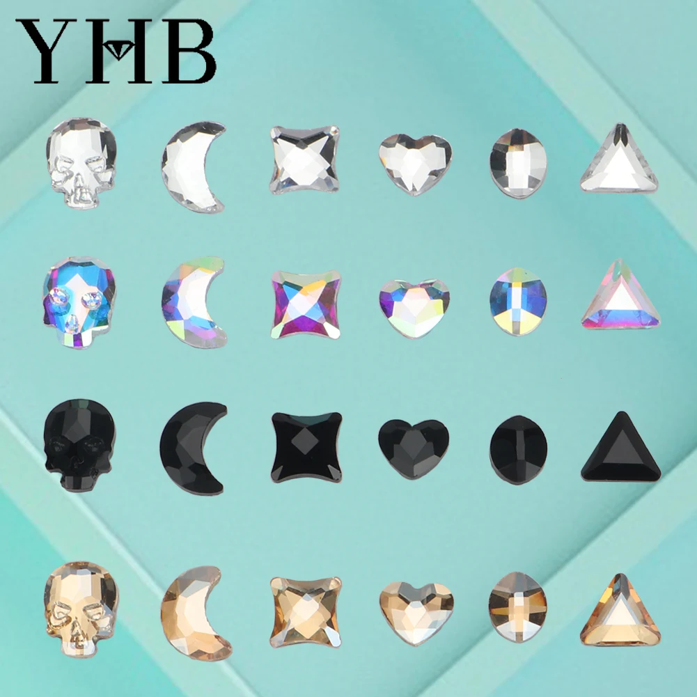 YHB Profiled 288pcs Glitter Glass Navette Drop Moon Golden Shadow Heart Hotfix Rhinestones Flat Back for DIY Clothes Nails