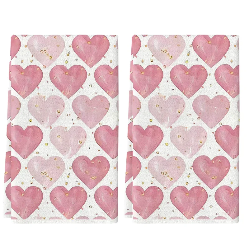 2Pcs, Pink Heart Gold Foil Embellished Kitchen Towels, 40Cm*60Cm Towel Set, Super Absorbent Soft Cleaning Cloth