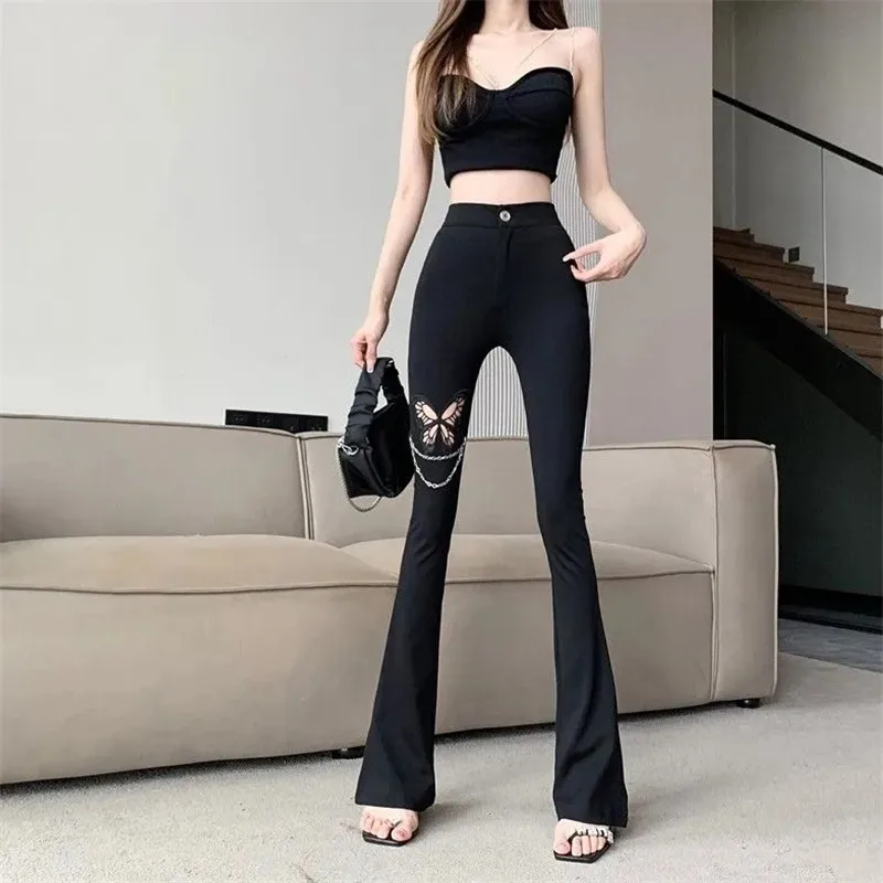 

Black Flare Pants Women's Summer Hollow Bow Sweetly Pants Chain Splice Casual Floor Sweeper Trousers Female Pantalones De Mujer