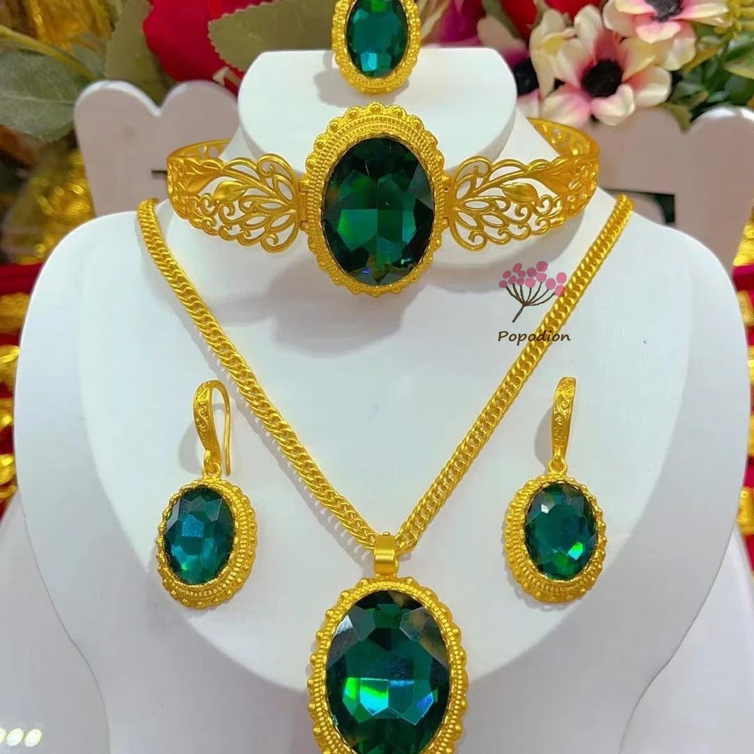 

Popodion Dubai New 24K Gold Plated Wedding Necklace Earrings Ring Bracelets Wedding Jewelry Set for Women DD10338