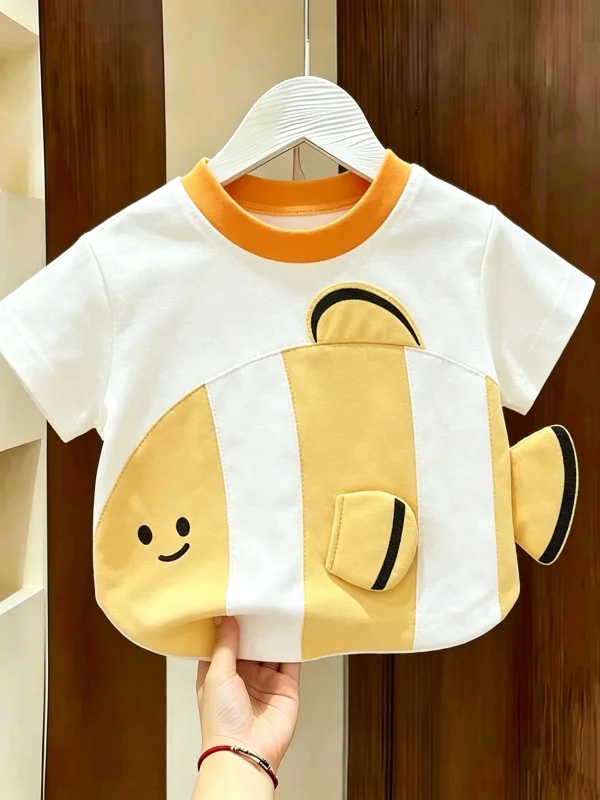 Camiseta Infantil de Manga Curta com Estampa de Peixe de Desenho Animado para Meninos e Meninas, Confortável, Respirável, de Algodão, Verão 2026, Novo