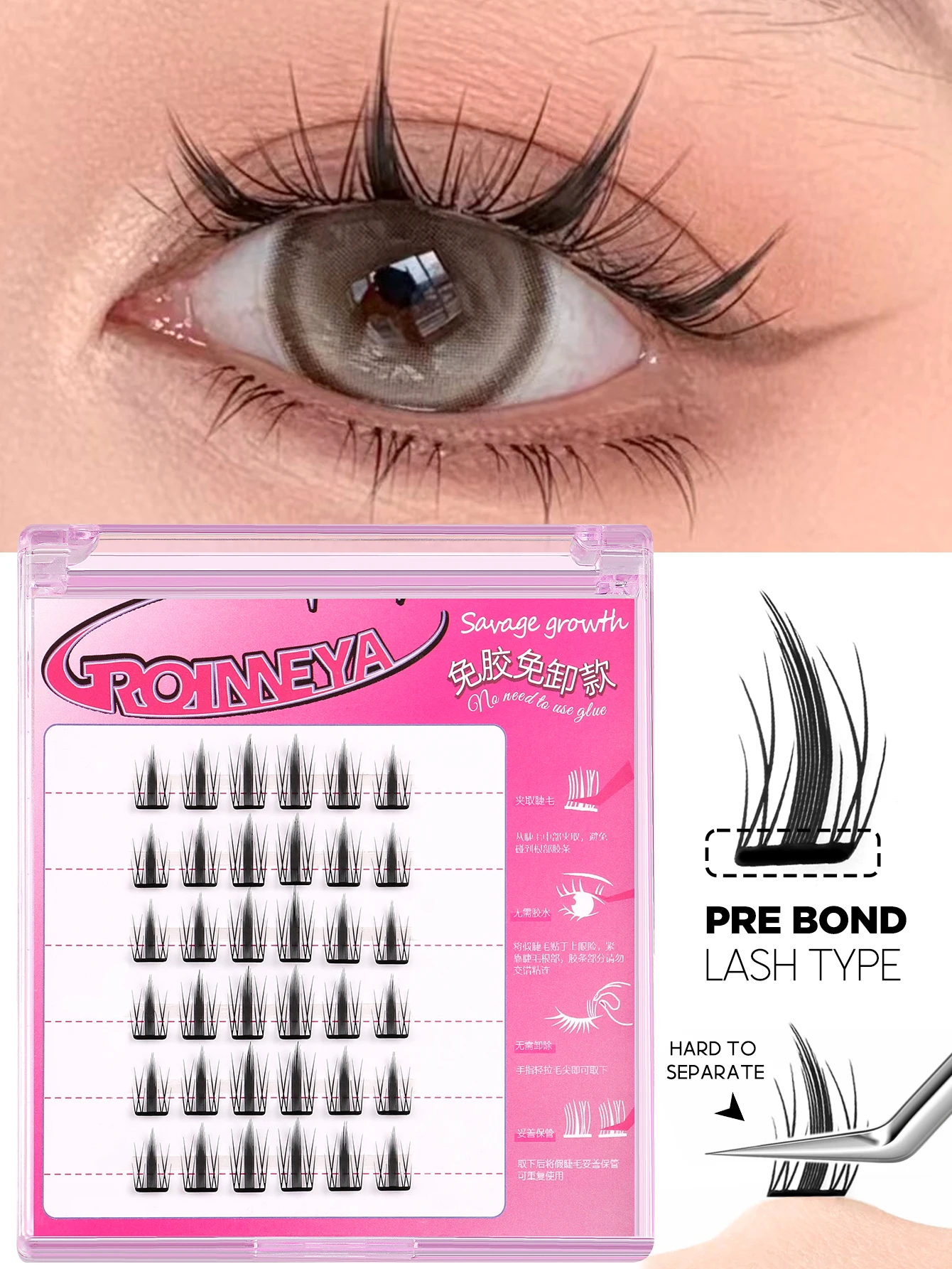 GROINNEYA DIY Wimpernverlängerungsset, natürliche selbstklebende Wimperncluster, kein Kleber erforderlich, DIY Wimpernverlängerung, vorgeklebte Cluster-Wimpern